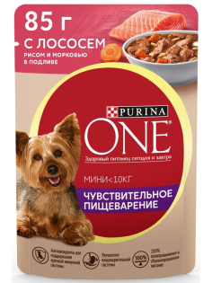 Корм влажный Purina One Мини для взрослых собак мелких пород с лососем, рисом и морковью в подливе, 85г