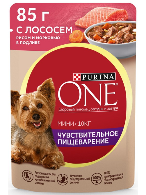 Корм влажный Purina One Мини для взрослых собак мелких пород с лососем, рисом и морковью в подливе, 85г