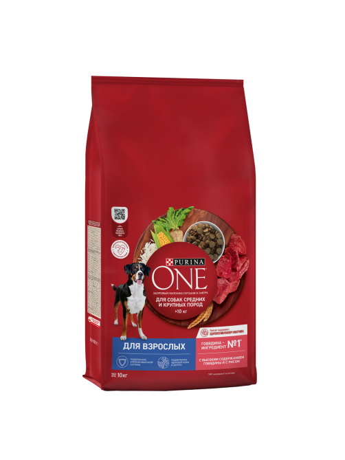 Корм сухой Purina One для взрослых собак средних и крупных пород с говядиной и рисом, 10кг