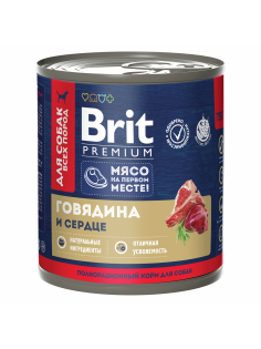 Корм консервированный Brit Premium для собак с говядиной и сердцем, 750г