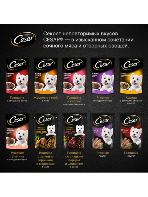 Корм влажный Cesar соус для собак говядина с овощами, 85г