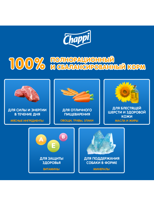 Корм сухой Chappi Сытный мясной обед для взрослых собак всех пород с говядиной по-домашнему, 2.5кг