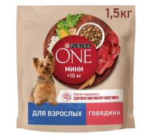 Корм сухой Purina One для взрослых собак мелких и карликовых пород с говядиной и рисом, 1.5кг