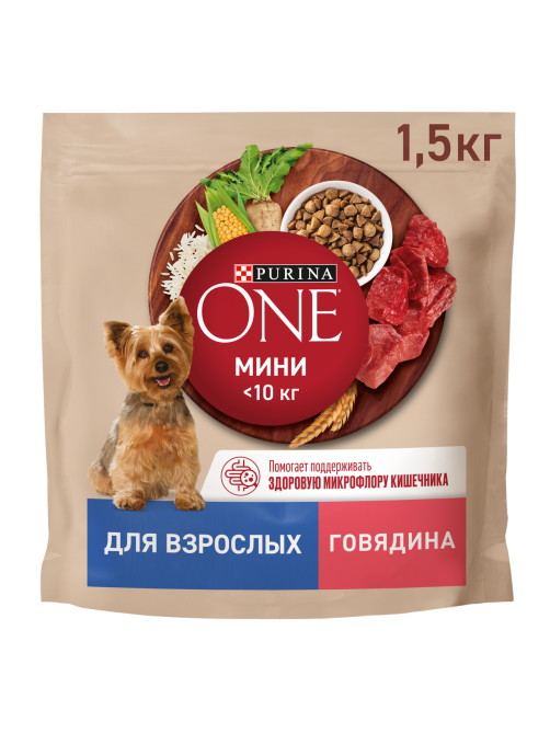 Корм сухой Purina One для взрослых собак мелких и карликовых пород с говядиной и рисом, 1.5кг