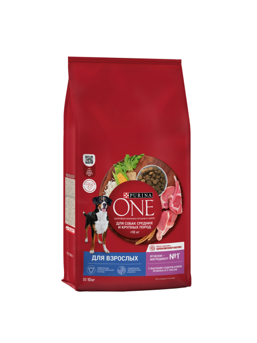 Корм сухой Purina One для взрослых собак средних и крупных пород с ягненком и рисом, 10кг