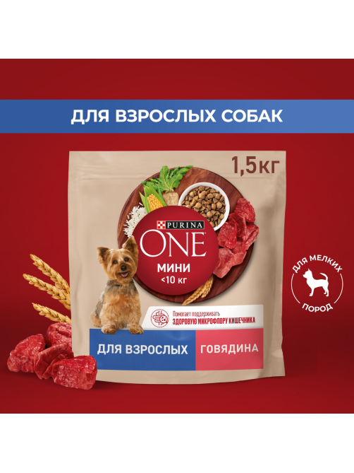 Корм сухой Purina One для взрослых собак мелких и карликовых пород с говядиной и рисом, 1.5кг