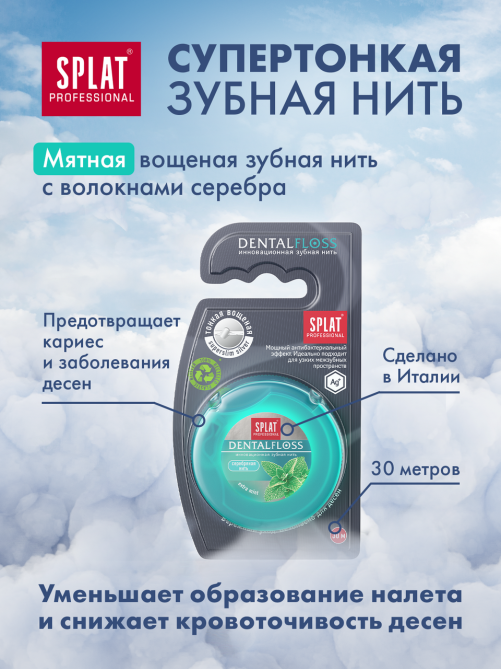 Зубная нить Splat супертонкая с волокнами серебра и мятой, 30м