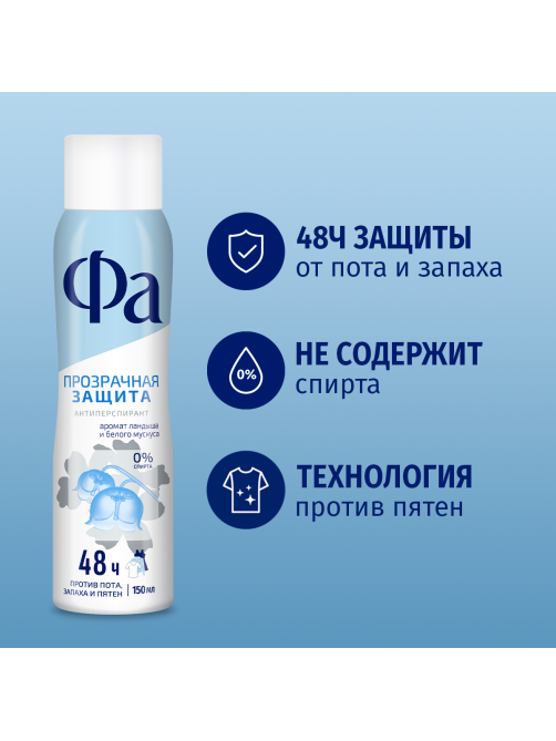 Антиперспирант-спрей Фа Прозрачная защита Аромат ландыша и белого мускуса, 150мл
