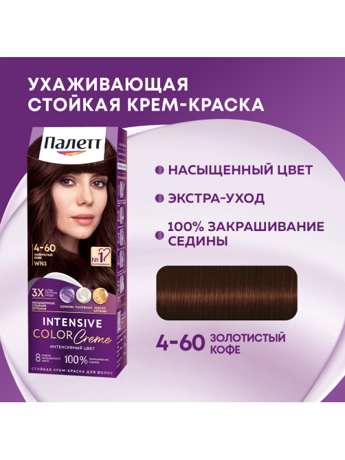 Крем-краска для волос Палетт Защита от вымывания цвета WN3 4-60 Золотистый кофе, 110мл