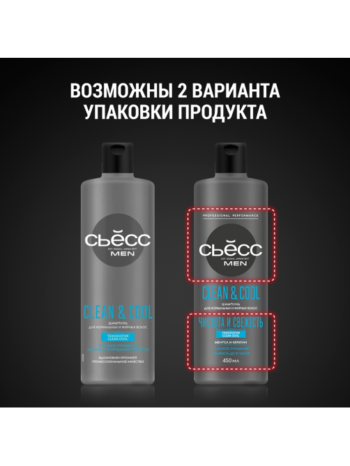 Шампунь Сьёсс Men Clean & Cool для нормальных и жирных волос, глубокое очищение, 450мл