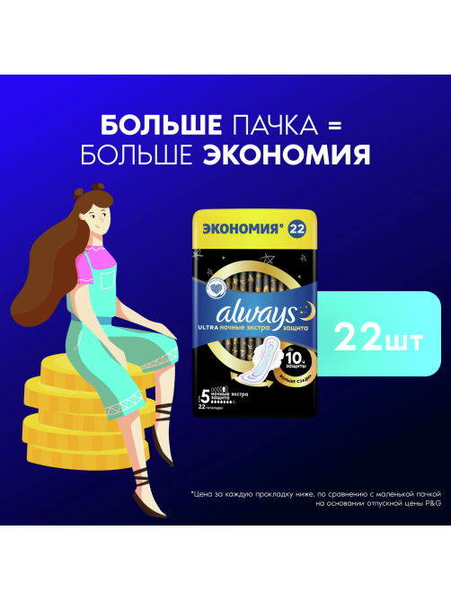 Прокладки Always Ultra ночные экстра защита, 22шт