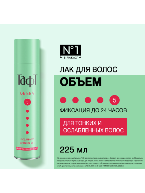 Лак для волос Тафт Объем мегафиксация 5 для тонких и ослабленных волос, 225мл