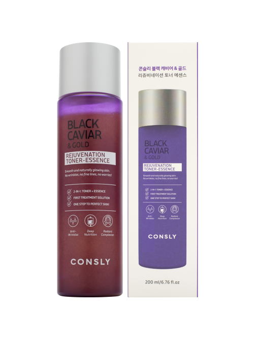 Тонер-эссенция Consly Black Caviar & Gold Rejuvenation омолаживающий с черной икрой и золотом, 200мл