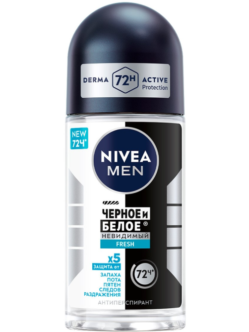 Антиперспирант-ролик Nivea Men Черное и белое Невидимый Fresh, 50мл