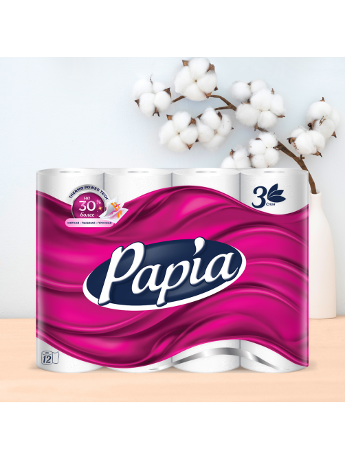 Туалетная бумага Papia 3 слоя, 12 рулонов