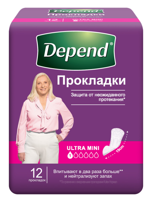 Прокладки Depend Ultra Mini для женщин при недержании, 12шт