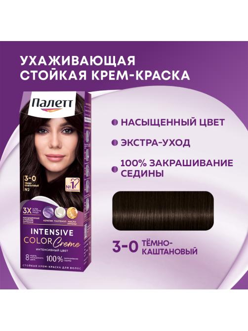 Крем-краска для волос Палетт Интенсивный цвет N2 Темно-каштановый 3-0, 110мл