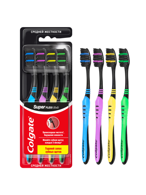 Зубная щетка Colgate Super Flexi Black средняя, 4шт