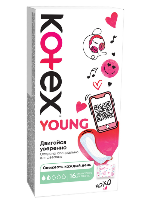 Прокладки ежедневные Kotex Young Экстра тонкие для девочек, 16шт