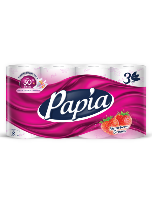 Туалетная бумага Papia Клубничная мечта 3 слоя, 8 рулонов