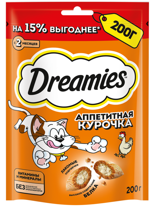 Лакомство Dreamies Лакомые подушечки для кошек с курицей, 200г