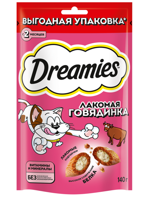Лакомство Dreamies Лакомые подушечки для взрослых кошек с говядиной, 140г