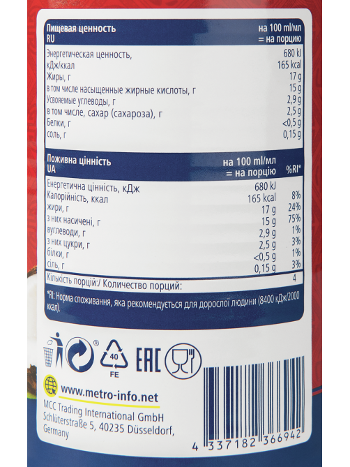METRO Chef Кокосовое молоко Coconut Milk 17-18%, 400мл