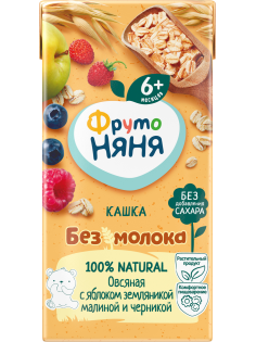 Каша безмолочная детская ФрутоНяня Овсяная Яблоко, земляника, малина и черника с 6 месяцев, 200мл