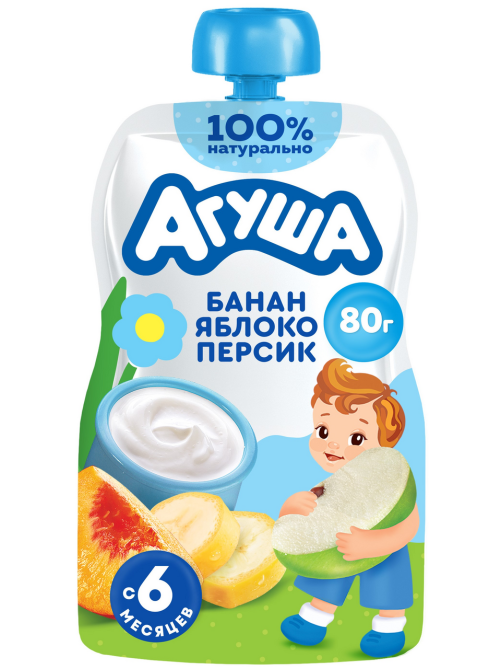 Творог детский Агуша Яблоко, персик и банан 4% с 6 месяцев, 80г