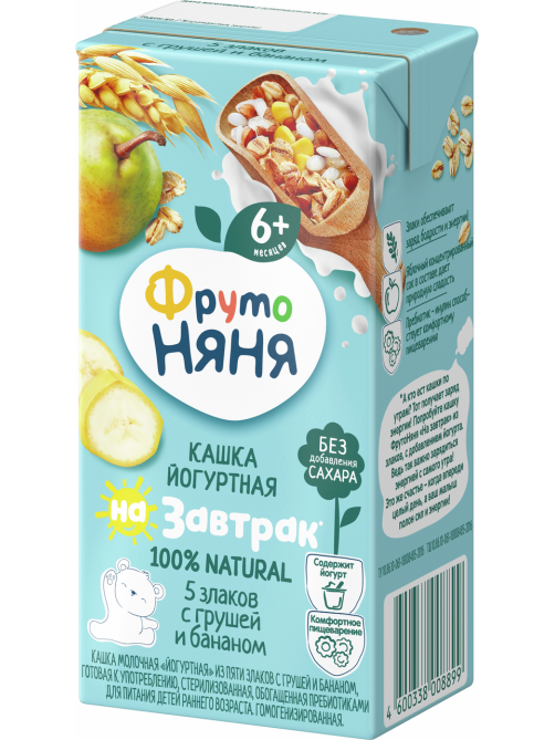 Кашка детская йогуртная ФрутоНяня 5 злаков с грушей и бананом, 200мл