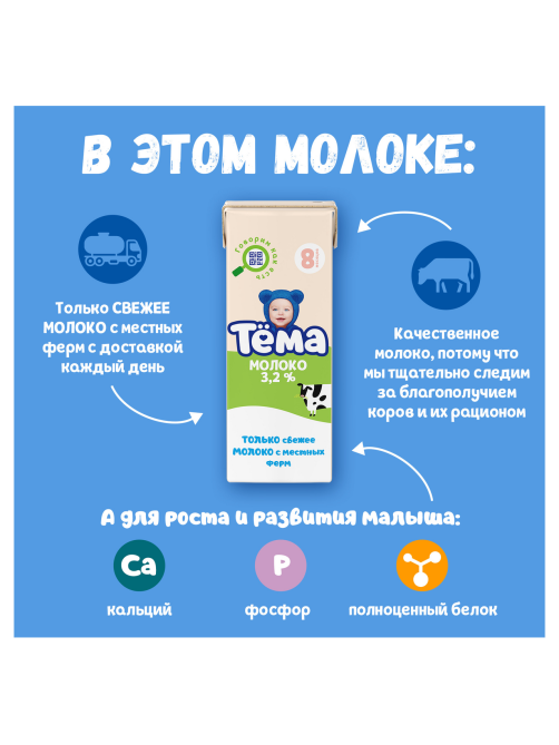 Молоко детское Тема ультрапастеризованное 3.2% с 8 месяцев, 200мл
