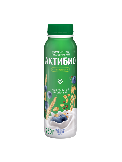 Йогурт питьевой Актибио черника-злаки-семена льна 1.6%, 260г