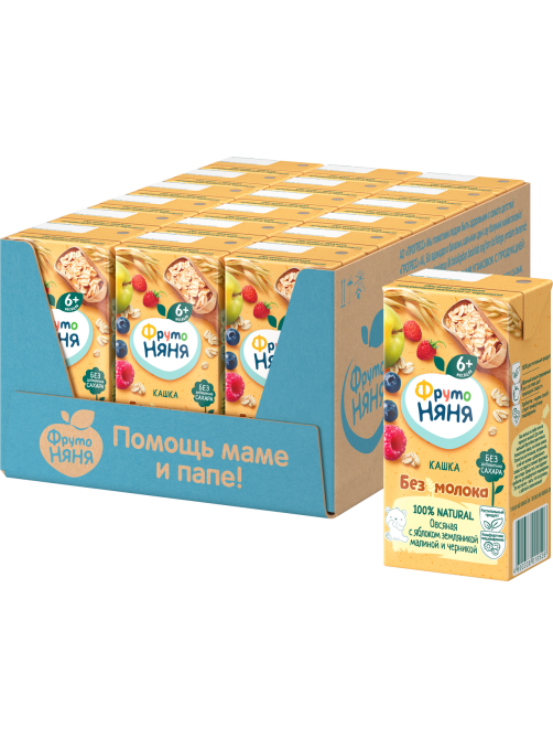 Каша безмолочная детская ФрутоНяня Овсяная Яблоко, земляника, малина и черника с 6 месяцев, 200мл