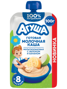 Каша молочная детская Агуша мультизлаковая яблоко и банан 8 месяцев+ 1.5%, 100г