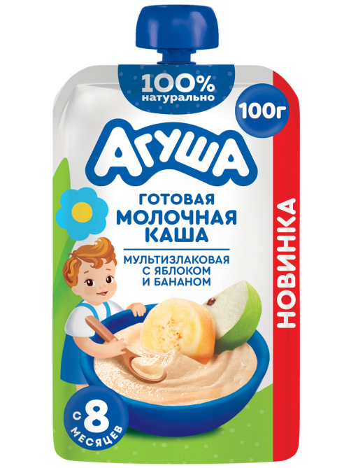 Каша молочная детская Агуша мультизлаковая яблоко и банан 8 месяцев+ 1.5%, 100г