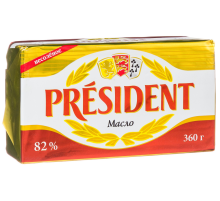 Масло сливочное President кислосливочное 82%, 360г
