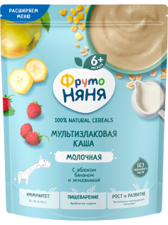 Каша молочная ФрутоНяня мультизлаковая с яблоком, бананом и земляникой, 190г