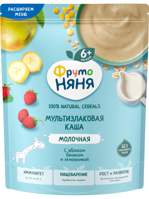 Каша молочная ФрутоНяня мультизлаковая с яблоком, бананом и земляникой, 190г