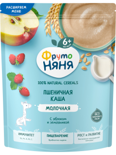 Каша молочная ФрутоНяня пшеничная с яблоками и земляникой, 190г