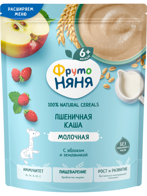 Каша молочная ФрутоНяня пшеничная с яблоками и земляникой, 190г