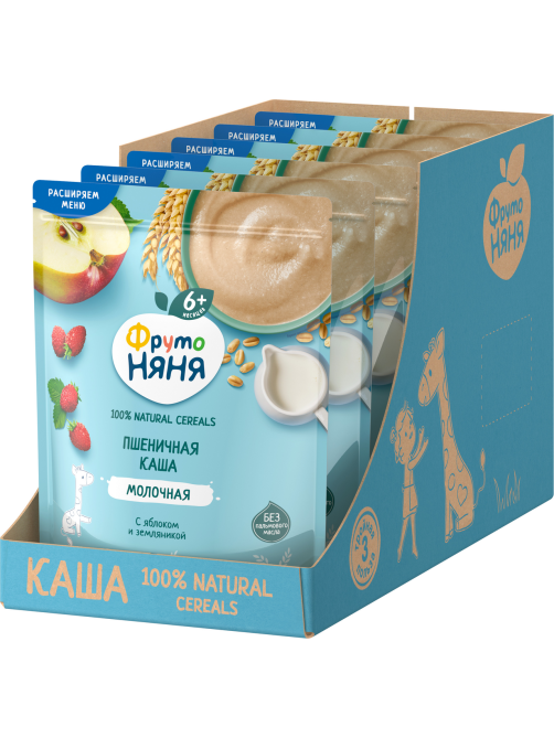 Каша молочная ФрутоНяня пшеничная с яблоками и земляникой, 190г