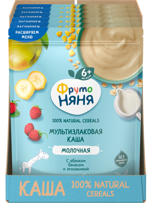 Каша молочная ФрутоНяня мультизлаковая с яблоком, бананом и земляникой, 190г