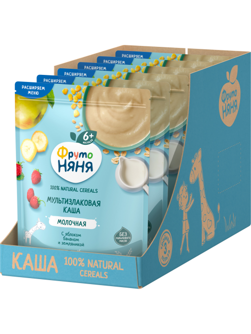 Каша молочная ФрутоНяня мультизлаковая с яблоком, бананом и земляникой, 190г