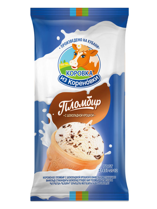 Мороженое пломбир Коровка из Кореновки с шоколадной крошкой в вафельном стаканчике, 80г