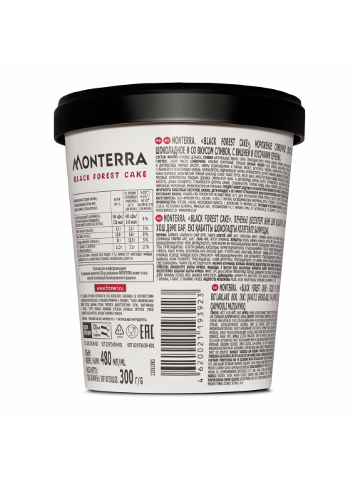 Мороженое сливочное Monterra Торт Черный лес с вишней, шоколадом и бисквитом, 300г