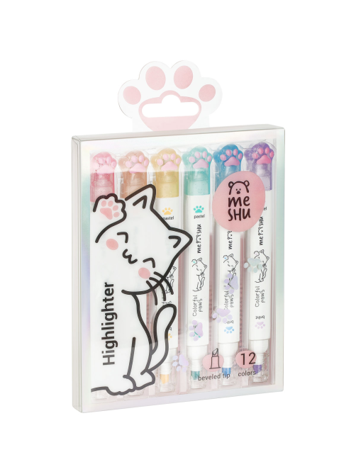 Текстовыделители Meshu White Kittens двусторонние 12 цветов