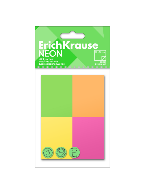 Блок бумажный Erichkrause Neon самоклеящийся ассорти 40 x 50мм 4 цвета, 400л