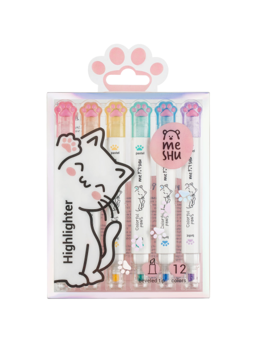 Текстовыделители Meshu White Kittens двусторонние 12 цветов