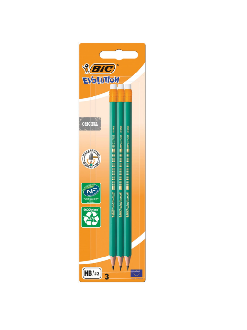 Карандаш чернографитовый BIC HB зеленый корпус с ластиком, 3шт