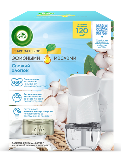 Диффузор AirWick электрический свежий хлопок комплект, 19мл